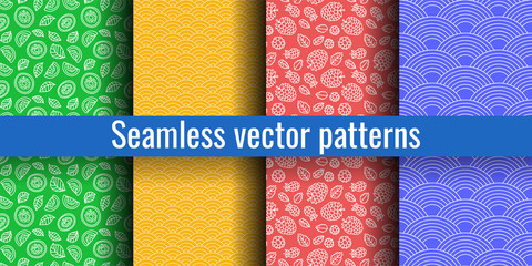 Multicolored seamless pattern set. Kiwi, wave, raspberry. Fruits, berries. Fashion print. Design elements for textiles or clothes. Hand drawn doodle cute wallpaper. Abstract background
