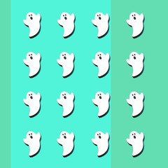 カラフルな青緑バックに白いオバケを沢山並べてコピースペースもあります