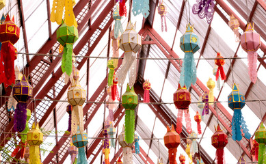 Traditional thai paper lanterns hanged in the temple.