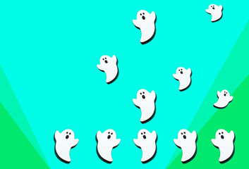 ボーダーと無地の青緑バックに白いオバケを飛ばしてコピースペースもあります