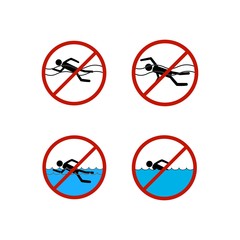 No swimming set sign. Dangerous dive. Sign danger on beach, in river, sea, water in red circle. Warning of hazard during swim. Colorful template for poster. Design flat element. Vector illustration
