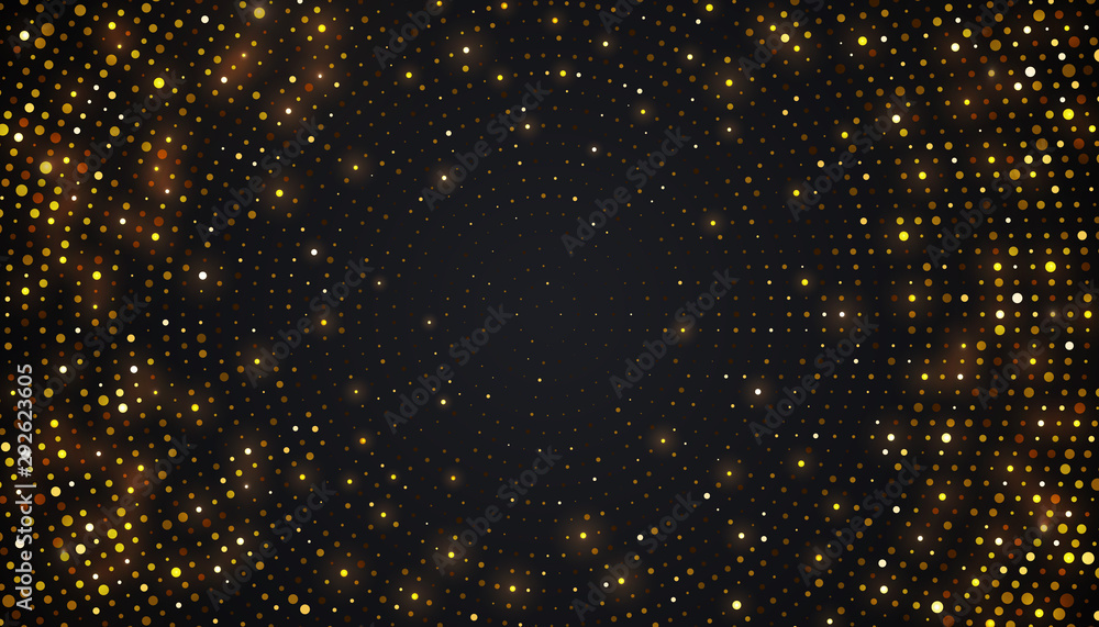 Poster abstract black background with a combination glowing golden dots. circle black textured background w