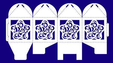 Openwork box with a lace ornament. Vector bonbonniere for baptism, party, christmas. Laser cutting template. Silhouette of Xmas decoration star. Cube gift framework to print, cut and fold.