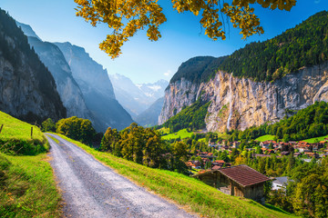 Beautiful Lauterbrunnen village and Staubbach waterfall in background, Switzerland