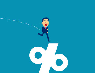 Jumping into percentage sign. Business profit concept, Kid cartoon character vector illustration