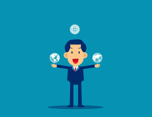Juggling with planet globes. Business global concept, Kid cartoon vector character design.