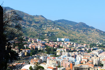 View of Cefalu town from the Rocca di Cefalu in the early morning. Sicily, Italy