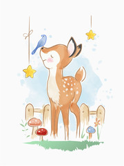 cute cartoon deer with little bird illustration 