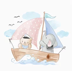 Foto op Plexiglas Babykamer schattige dieren vriend zeilen op de boot
