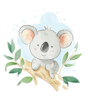 cartoon koala sitting on the tree branch illustration 