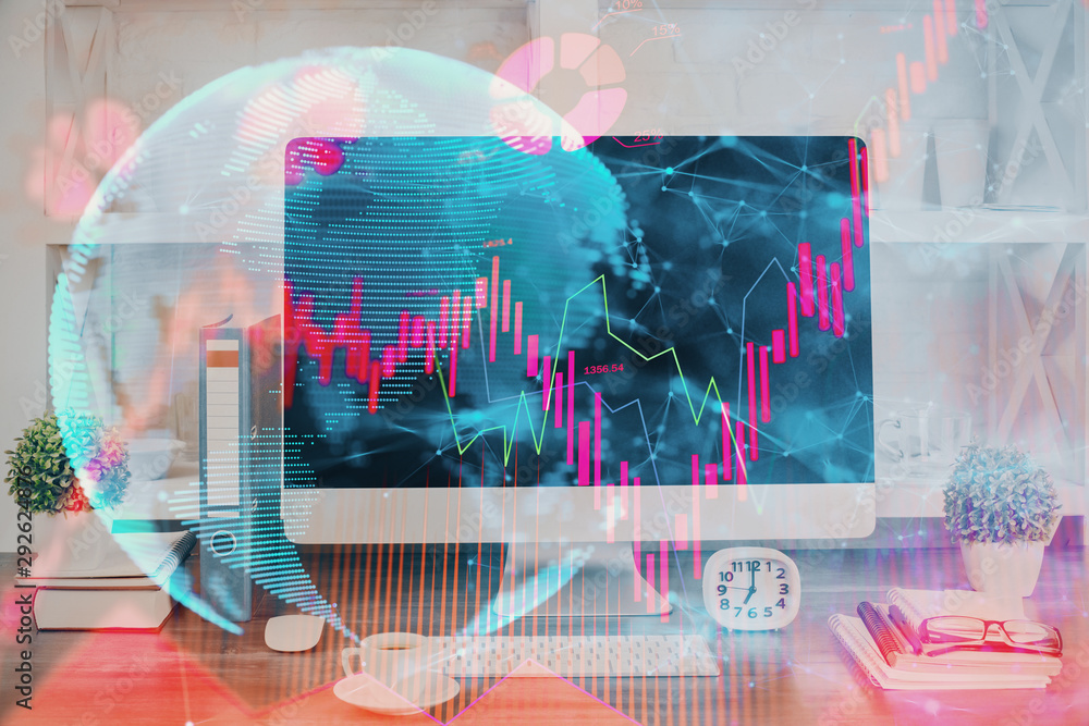 Poster double exposure of business theme icons and work space with computer background. concept of success.