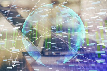 Double exposure of business theme icons and work space with computer background. Concept of success.