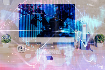 Double exposure of business theme icons and work space with computer background. Concept of success.