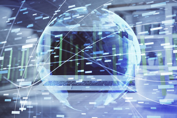 Multi exposure of business theme icons and table with computer background. Concept of success.