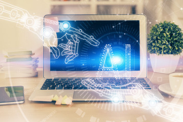 Technology theme drawing and table with computer. Double exposure. Concept of information.