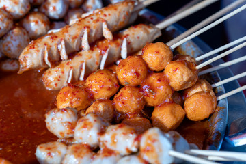 Fried food with sticks, Thai style food, Street food in Bangkok, Thailand