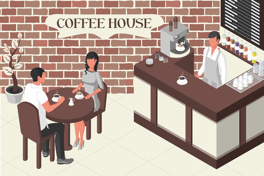 Coffee house, restaurant. Baristo stands behind the bar. A woman and a man are sitting at a table and drinking coffee. Vector illustration. Isometric. Web banner, template for design and promotion.