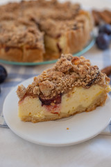 Fresh plum cheesecake with cinnamon and almond crumble