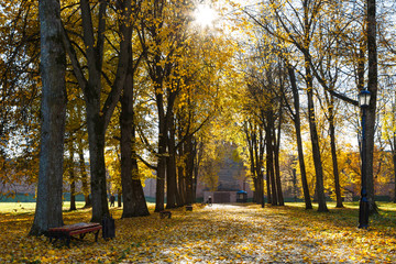 Autumn picturesque Kremlin park, Veliky Novgorod, Russia