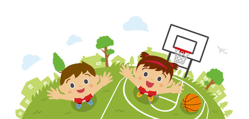 Kids (children / boy and girl) looking up into the sky (wearing basketball uniform). Vector cartoon illustration. Basketball court background  (bird's eye view).