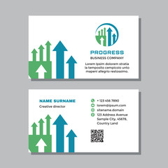 Business visit card template with logo - concept design. Progress sign. Arrows growth market exchange brand. Vector illustration. 