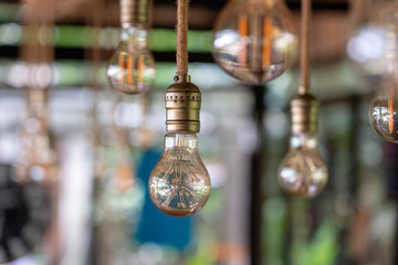 Decorative antique edison style light bulbs, vintage electric lamp, closeup