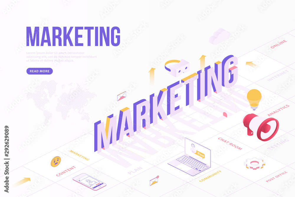 Aufkleber marketing web banner concept. creative design template with isometric objects and three dimensional 