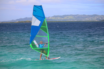 Windsurfing in the turquoise Caribbean water in the bay of Fort-de-France (Trois Ilets, Martinique)