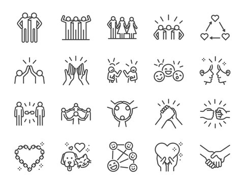Friendship line icon set. Included icons as friend, relationship, buddy, greeting, love, care and more.