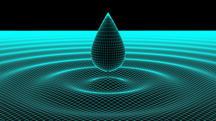 The grid of a drop and rippled surface. 3D Illustration.