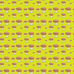 Seamless pattern Watercolor forest mushroom with autumn leaf on the cap in grass. Element of botanical hand drawn fall season illustration.