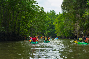 Group of tourists kayaking at Ao tha lane, Krabi, Thailand