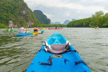 Group of tourists kayaking at Ao tha lane, Krabi, Thailand