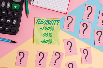 Text sign showing Flexibility 100 Percent 90 Percent 80 Percent. Business photo text How much flexible you are maleability level Mathematics stuff and writing equipment above pastel colours background