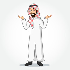 Arabic Businessman cartoon Character in traditional clothes spreading his hands to the sides showing or presenting something. isolated on white background