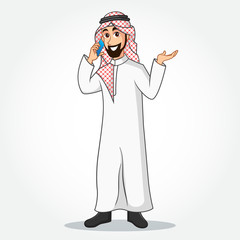 Arabic Businessman cartoon Character in traditional clothes speaking on smartphone and gesturing hand isolated on white background
