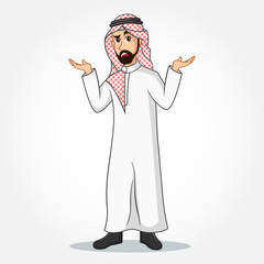 Arabic Businessman cartoon Character in traditional clothes with Confused gesturing isolated on white background