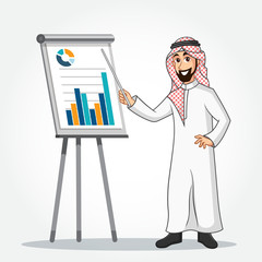 Arabic Businessman cartoon Character in traditional clothes doing a presentation isolated on white background