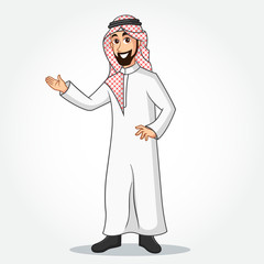 Arabic Businessman cartoon Character in traditional clothes with Welcoming Hands isolated on white background
