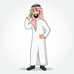 Arabic Businessman cartoon Character in traditional clothes talking on the mobile phone and standing against isolated white background