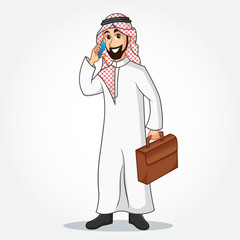 Arabic Businessman cartoon Character in traditional clothes speaking on smartphone and Holding a Briefcase isolated on white background