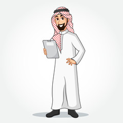 Arabic Businessman cartoon Character in traditional clothes holding a clipboard isolated on white background