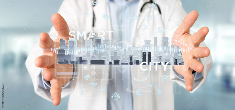 Poster doctor holding smart city user interface with icon, stats and data 3d rendering