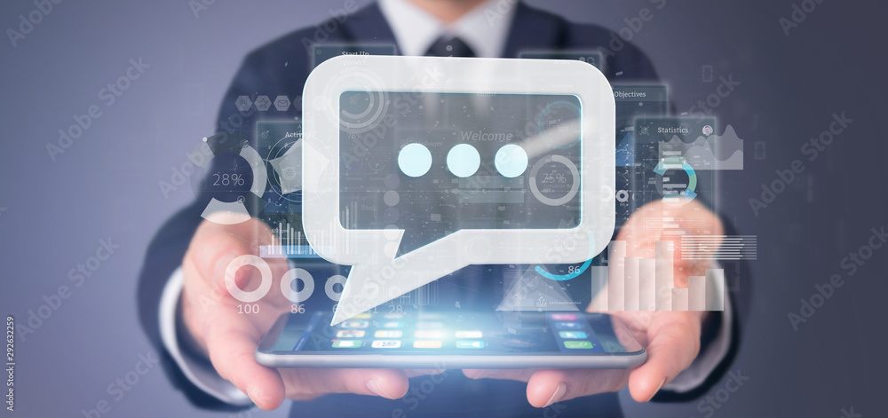 Poster view of a businessman holding a message icon with data in background - 3d rendering