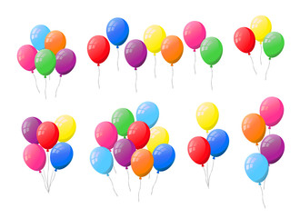 Bunches and groups of colorful flat helium balloons isolated on white background.