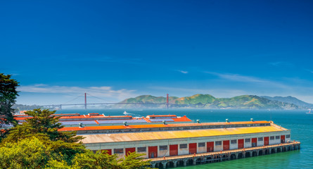 View to Fort Mason Center and Golden Gate Bride with blue sky Background
