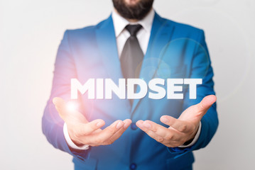 Text sign showing Mindset. Business photo showcasing A standard thought of a demonstrating of what he orshe will be done Man with opened hands in fron of the table. Mobile phone and notes on the table