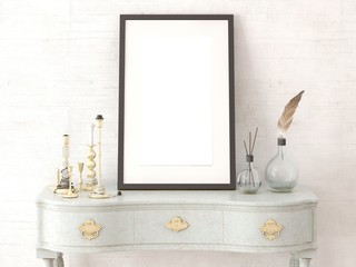  Mock up poster with a stylish frame on a classic chest of drawers with a trendy hipster background.
