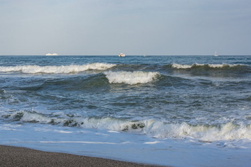 The sea is worry, waves with foam. The white ships on the horizon.