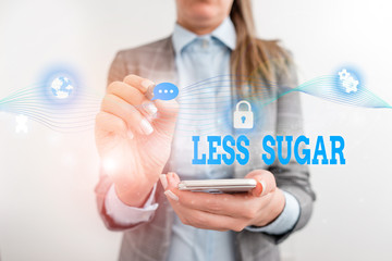 Obraz premium Word writing text Less Sugar. Business photo showcasing Lower volume of sweetness in any food or drink that we eat Female human wear formal work suit presenting presentation use smart device